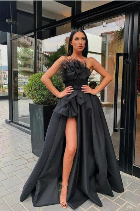 Black Long Prom Dress Split with Feather