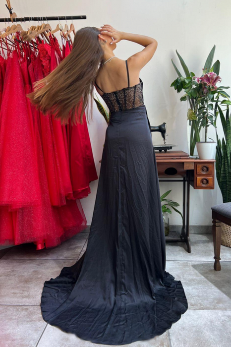 Black Long Prom Dress with Slit V-Neck with Pleats