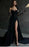 Black Long Sleeve Prom Dress with V-Neck and Lace Appliques