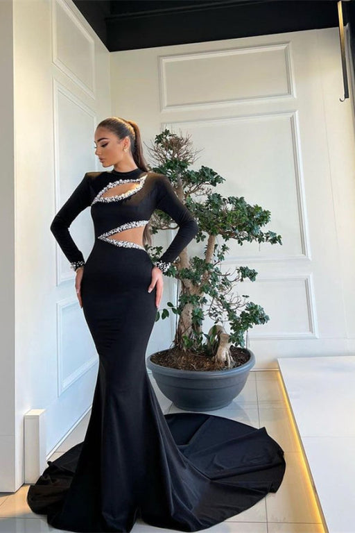 Black Long Sleeves Mermaid Prom Dress High Neck with Beadings