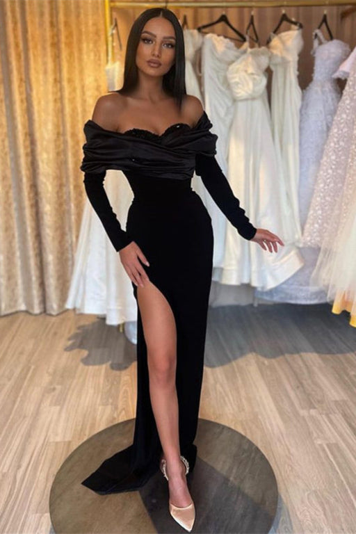 Black Mermaid Prom Dress Half-Sleeve Pleated with Slit