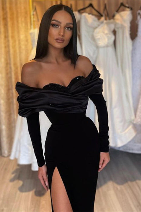 Black Mermaid Prom Dress Half-Sleeve Pleated with Slit