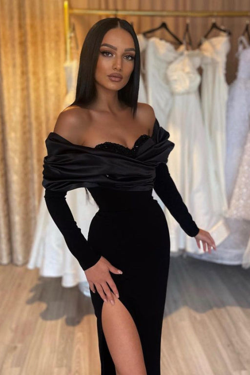 Black Mermaid Prom Dress Half-Sleeve Pleated with Slit