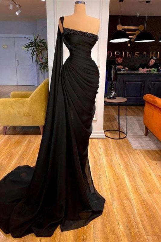 Black Mermaid Prom Dress with Ruffles, Beads