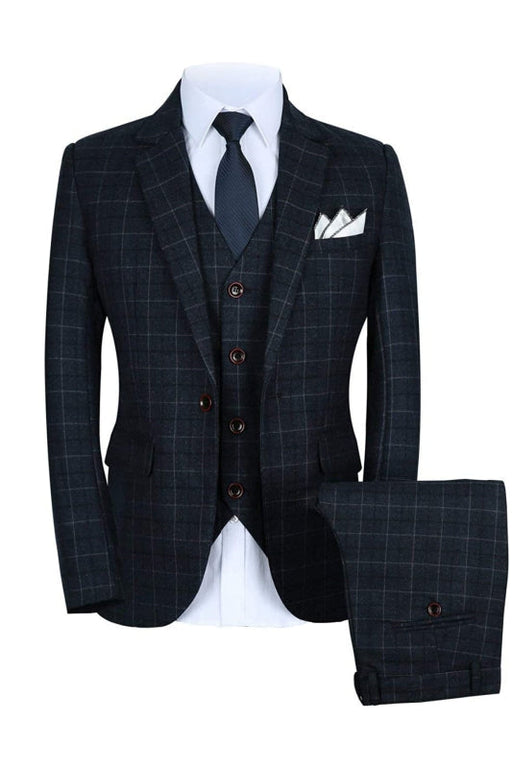 King Formal Black Notched Lapel Three Pieces Plaid Men Suits For Business