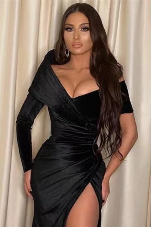 Black Off-The-Shoulder Long Sleeve Mermaid Prom Dress with Split