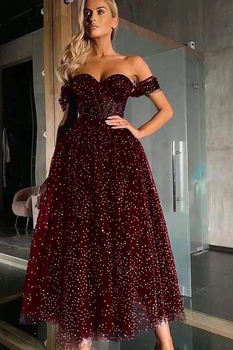 Black Off-the-Shoulder Sweetheart A-Line Tulle Beaded Prom Dress