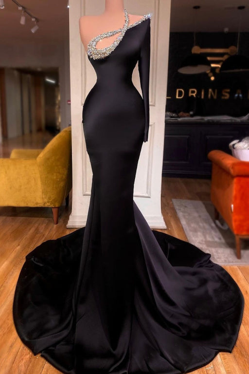 Black One Shoulder Mermaid Prom Dress with Beads