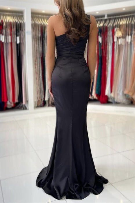 Black One-Shoulder Sleeveless Mermaid Prom Dress with Split