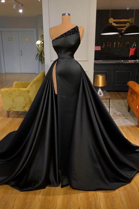 Black Overskirt Long Prom Dress With Beads and Slit