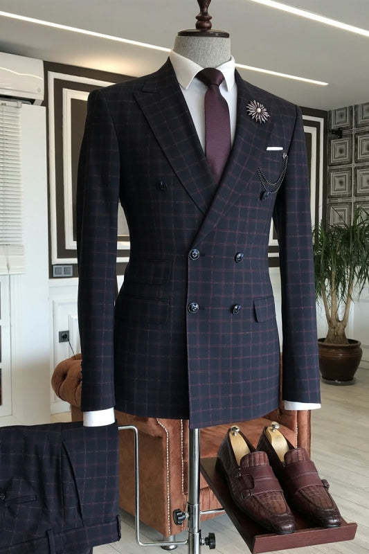 Guy Newest Black Peaked Lapel Double Breasted Business Suits With Red Plaid