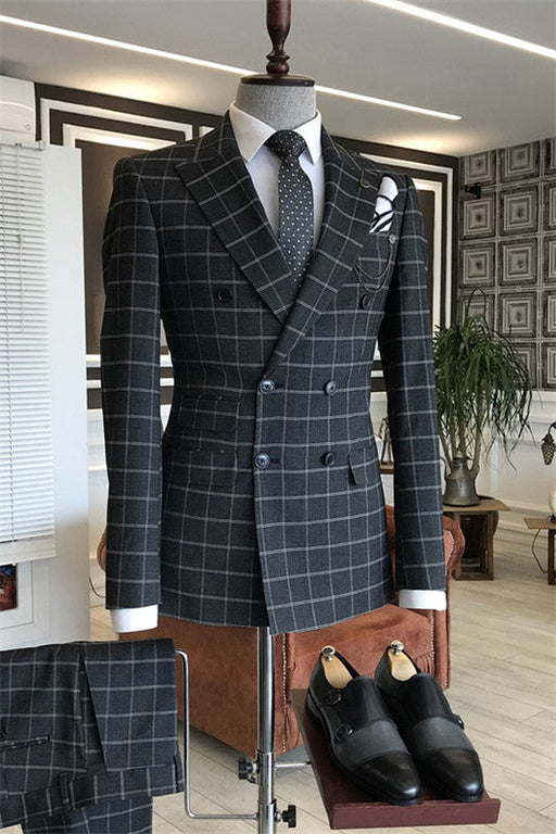 Chapman Bespoke Black Peaked Lapel Double Breasted Plaid Men Suits For Business