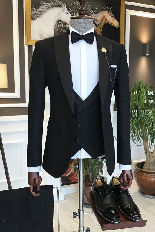 Antonio Bespoke Black Peaked Lapel Three Pieces Business Suits