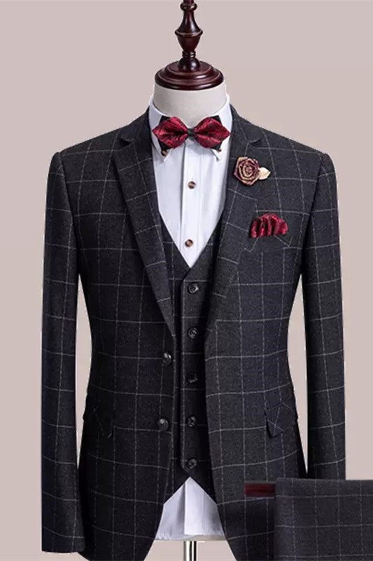 Derrick Fancy Black Plaid Three Pieces Notched Lapel Business Suits