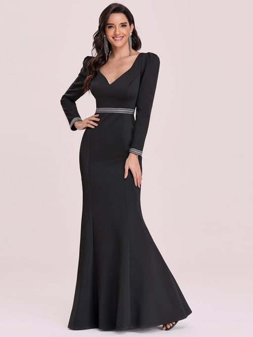 Black Prom Dress Satin Fabric V-Neck Mermaid Long Sleeves Sash Floor-Length Evening Dresses
