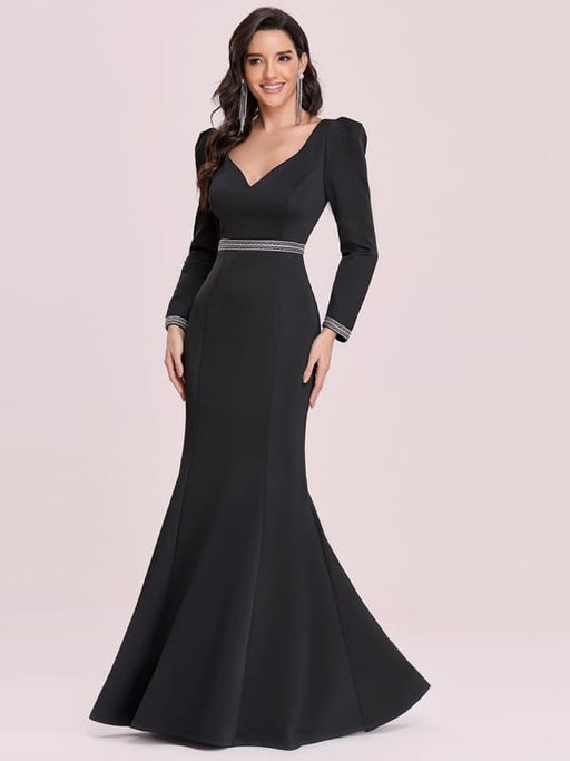 Black Prom Dress Satin Fabric V-Neck Mermaid Long Sleeves Sash Floor-Length Evening Dresses