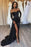 Black Prom Dress Sweetheart Short Sleeves with Pleated Slit