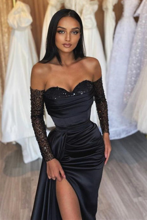 Black Prom Dress Sweetheart Short Sleeves with Pleated Slit