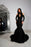 Black Prom Dress With Appliques Long Flowers Mermaid Half Sleeves Halter