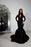 Black Prom Dress With Appliques Long Flowers Mermaid Half Sleeves Halter