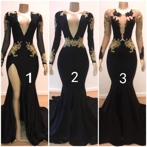 Black Prom Dress with Gold Appliques and Long Sleeves