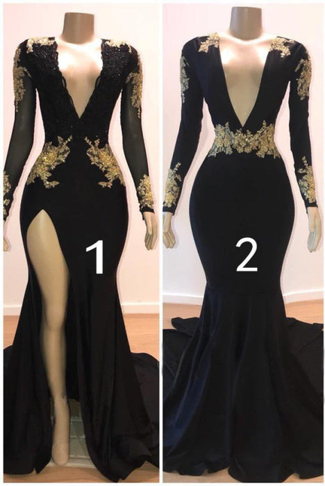 Black Prom Dress with Gold Appliques and Long Sleeves