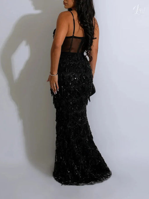 Black Sequin Prom Dress with Sleeveless V Neck and Long Evening Gown