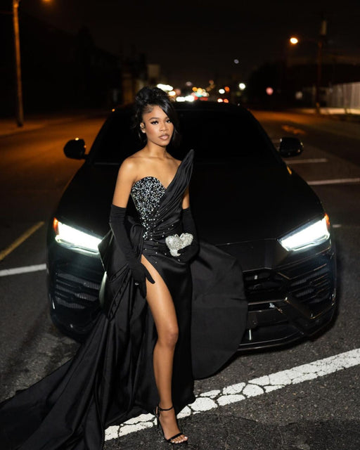 Black Sequin Strapless Prom Dress with Long Slit Pleated