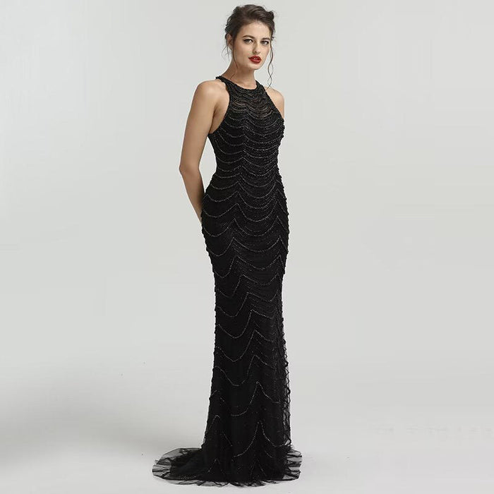 Black Sequin Tulle Mermaid Prom Dress with Sleeveless Design