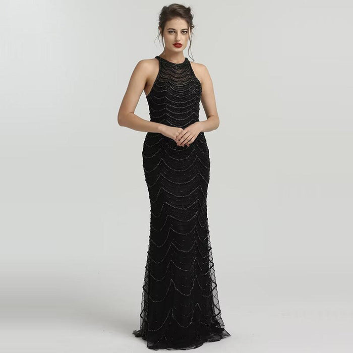 Black Sequin Tulle Mermaid Prom Dress with Sleeveless Design