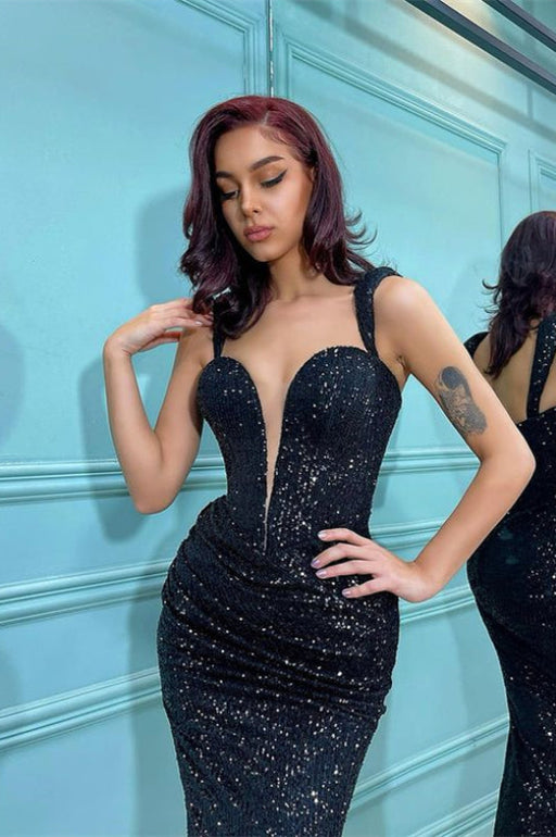 Black Sequins Spaghetti-Straps Mermaid Prom Dress