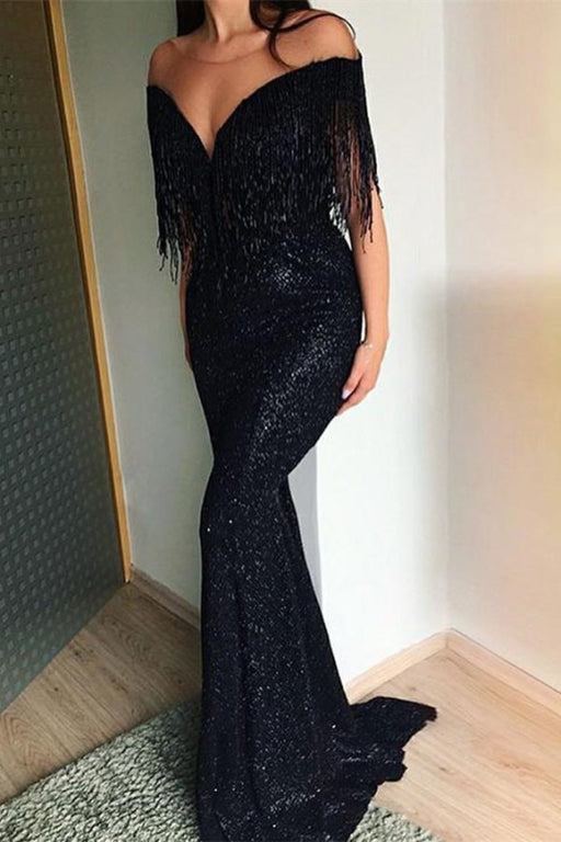 Black Sequins Tassels Mermaid Prom Dress