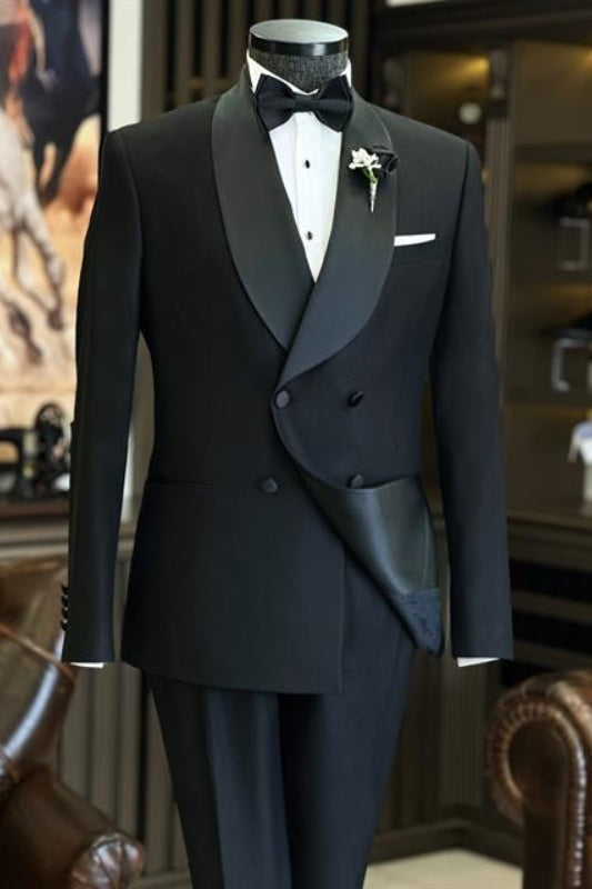 SSbott Fashion Black Shawl Lapel Double Breasted Wedding Suits