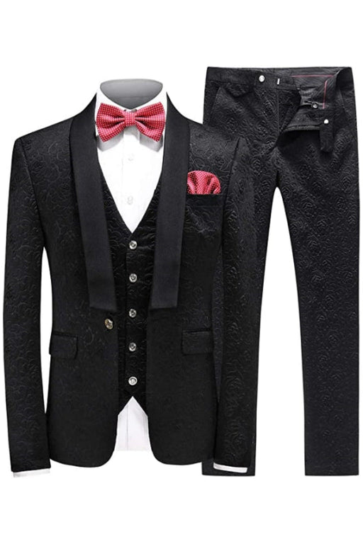 Beacher Fashion Black Shawl Lapel Three Pieces Jacquard Men Suits For Wedding