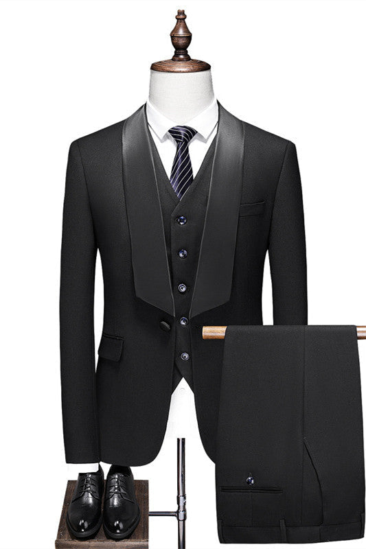 Cash Bespoke Black Shawl Lapel Three Pieces Men Suits For Wedding