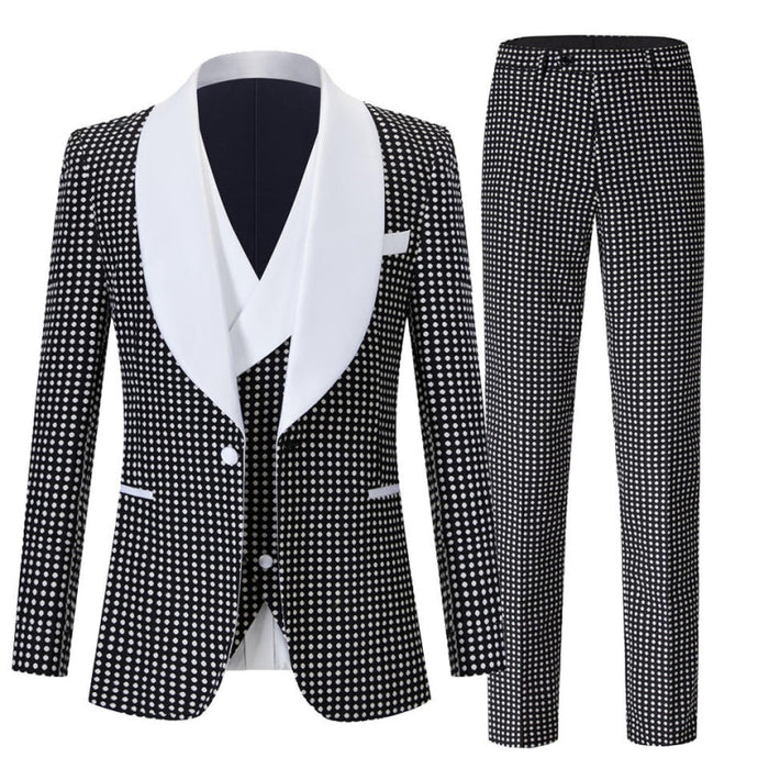 Quennel Bespoke Black Shawl Lapel Three Pieces Wedding Suits With White Dot