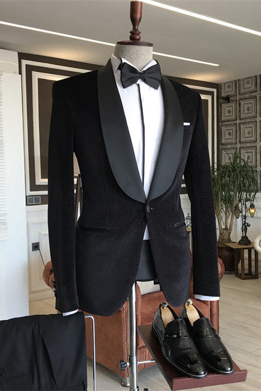 Colbert Bespoke Black Shawl Lapel Two Pieces Velvet Suits For Wedding