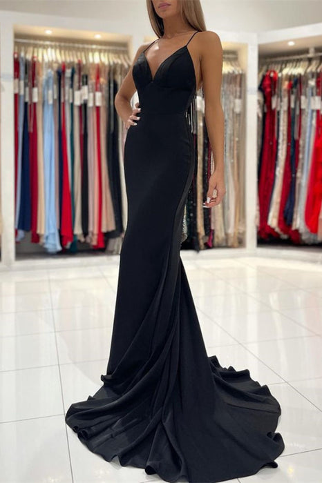 Black Spaghetti-Straps Charmeuse Mermaid Long Prom Dress