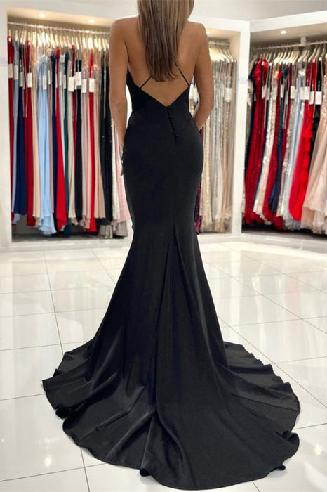 Black Spaghetti-Straps Charmeuse Mermaid Long Prom Dress