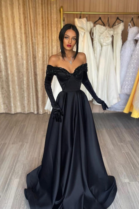 Black Strapless A-Line Prom Dress with Gloves in Charmeuse