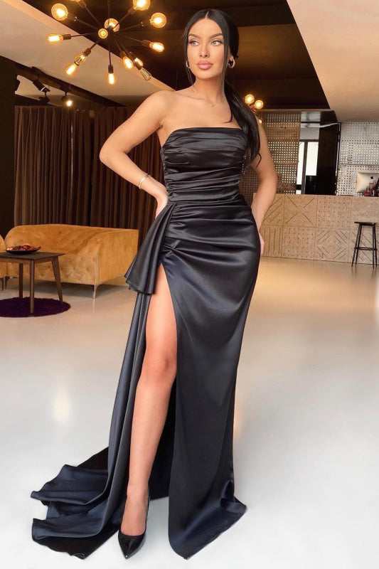 Black Strapless Mermaid Evening Dress with Split