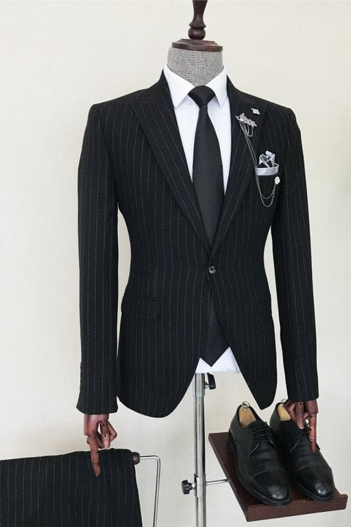 Clifford Bespoke Black Striped Peaked Lapel Men Suits For Business