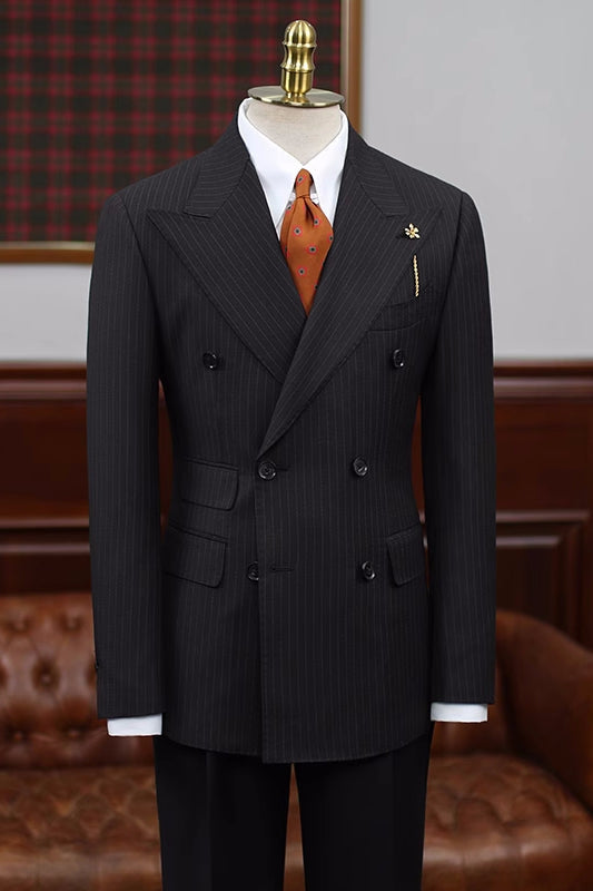 Blake Bespoke Black Striped Peaked Lapel Double Breasted Business Suits