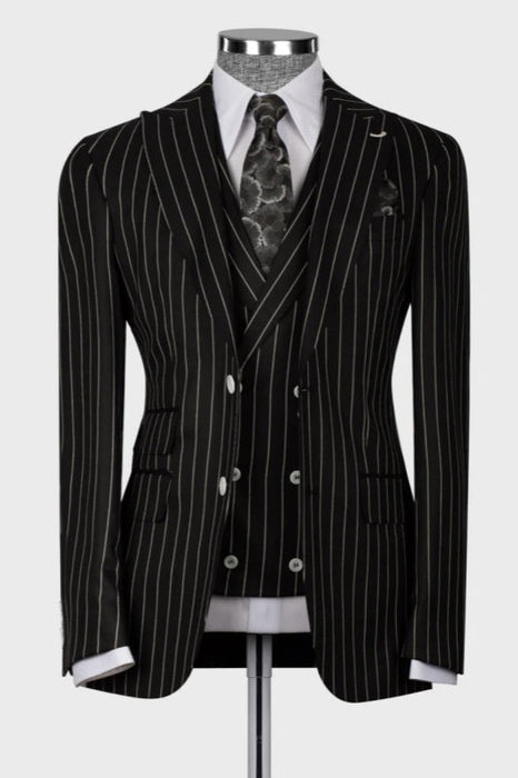 Chester Black Striped Peaked Lapel Three Pieces Business Men Suits