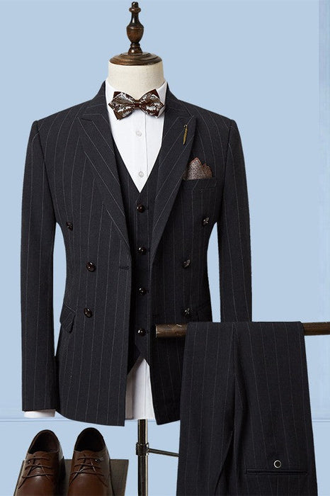 New Arrival Black Striped Peaked Lapel Three Pieces Single Breasted Business Suits