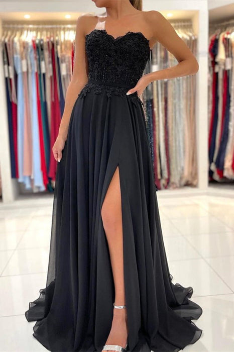 Black Sweetheart Prom Dress Appliques with Split