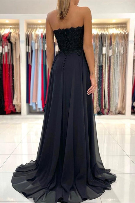 Black Sweetheart Prom Dress With Split Appliques