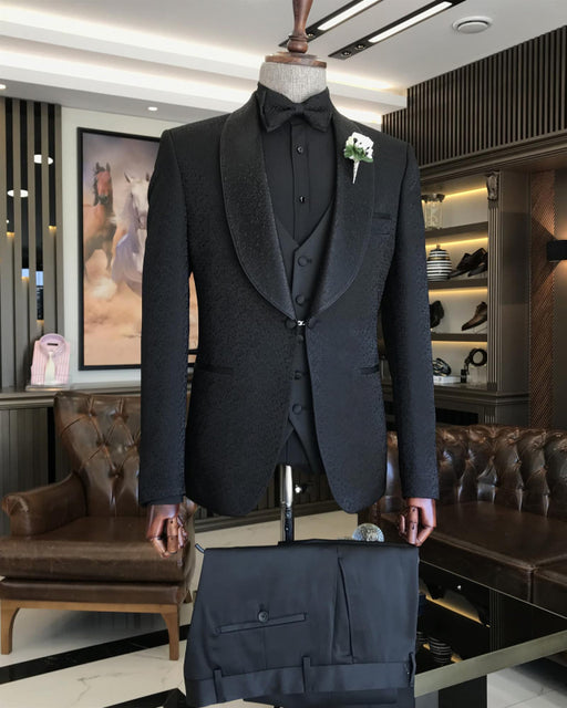 Newest Black Three Pieces Jacquard Shawl Lapel Wedding Men Suit