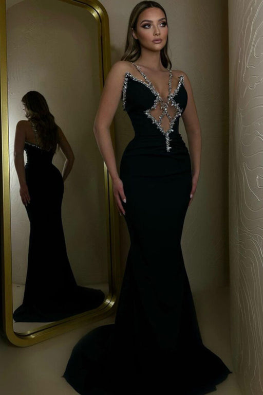 Black V-Neck Mermaid Prom Dress Beaded Satin Sleeveless Long Dress