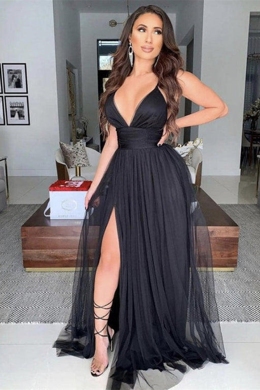 Black V-Neck Prom Dress with Split